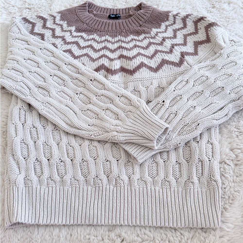 Splendid Cream and Brown Zigzag Crewneck Sweater